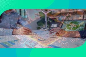 Immagine concettuale a doppia esposizione: due persone analizzano grafici ESG tra circuiti elettronici, un microchip e una pala eolica, a simboleggiare la transizione digitale e sostenibile